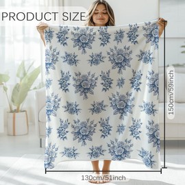 GLOBLELAND Blue Vintage Flowers Throw Blanket 59×51 inch Roses Soft Cozy Flannel Blanket Washable Fuzzy Bed Blanket for Home Office Room Sofa Chair Women Man