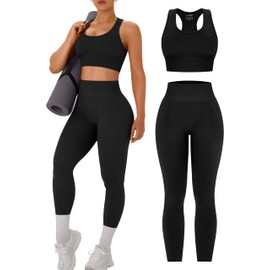 OLCHEE Womens Workout Sets 2 Piece - Acid Wash Seamless Yoga Outfits High Waist Leggings Padded Racerback Sports Bra Gym Set - Solid Black Small