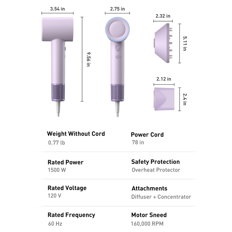 High-Speed Hair Dryer, 160,000 RPM Brushless Motor for Ultra-Fast Drying,500M