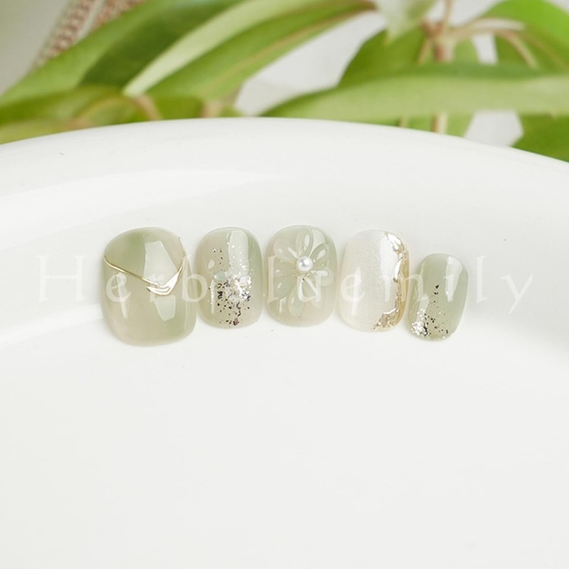 Herbeluemily Nail Tip, Short, Handmade, 3D Storage Case, 10 Pieces,