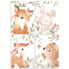 Klasse Set of 4 Pictures Forest Animals Decorative Pictures 2 Bear Fox Deer Rabbit Nursery Baby Room Girls and Boys Picture Set Poster DIN A4 Decoration Forest Animals (without Frame)