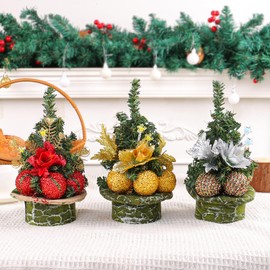 Winter Spring Table Top Decoration Ornaments Mini Christmas Tree for Desk Top Window Sill Decor Home Office Shop Window Desk Decoration Supply Cute Xmas Tree with Christmas Ball and White Flower