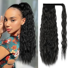 SHNMIN Corn Wave Ponytail Extension,Long Wavy Wrap Around Ponytail 22 Inch Synthetic Clip in Ponytail Hairpieces Magic Paste Heat Resistant Pony Tails Hairpiece for Women Daily Use