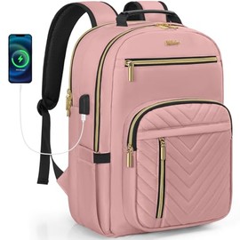 WELIDAY Laptop Backpack for Women, Work Travel Computer Bags, Quilted Casual Daypack with USB Port, Waterproof Computer Backpack Fit 15.6 Inch Laptop (Pink)
