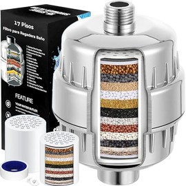 SNORF Filtro de Agua para Regadera 17 Etapas que Purifica el Agua | Filtro para Regadera que Ayuda a Reducir Cloro, Impurezas y Olores, con Cartucho R