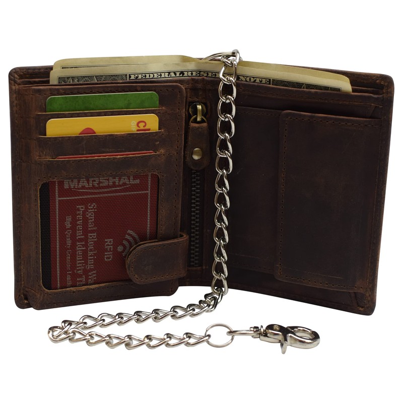 MARSHAL Men's Chain Biker Vintage Leather RFID Blocking European Style