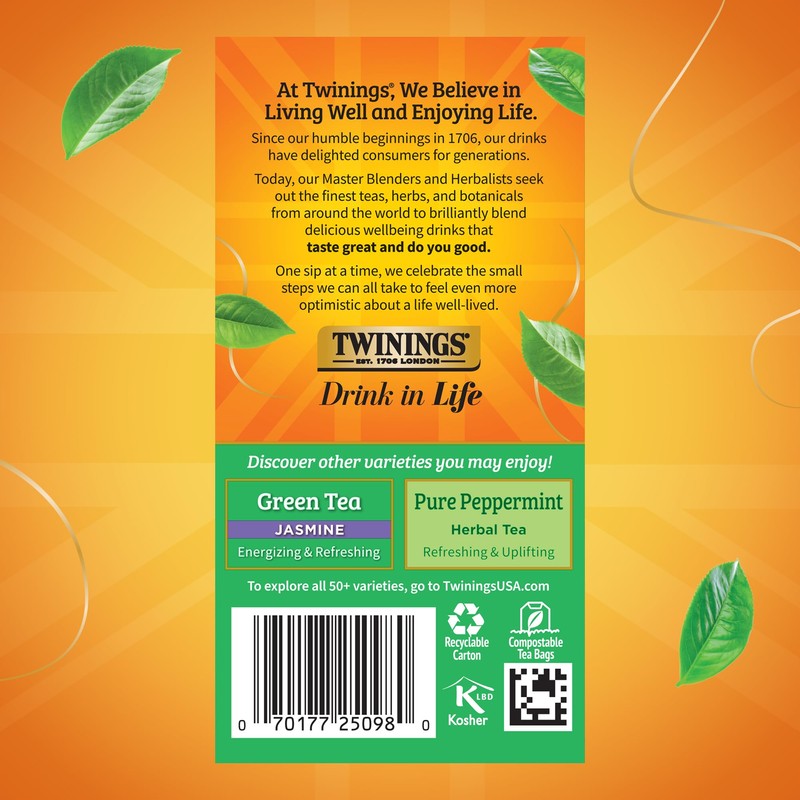 Twinings Green Tea with Mint Individually Wrapped Bags, 20 Count