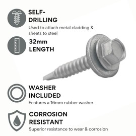 The Flashings Factory Light Section Screws (32mm) - Self Drilling Screws with 16mm Rubber Washers Included | Perfect for Joining Roof Sheets to Light Section Steel Frame Fixings (50)