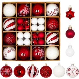 44pcs Red and White Christmas Baubles Shatterproof Christmas Ball Ornaments Hanging Baubles Christmas Tree Decorations Set Xmas Tree Baubles for Hanging Festive Holiday Decor