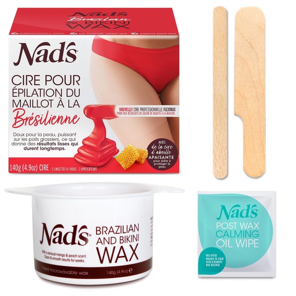 Nad's Brazilian Jersey Waxing Wax - Home Waxing Kit with Hard Wax, Hot Wax Pot, Brazilian Wax, Including Intimate Area (Brazilian Bikini)
