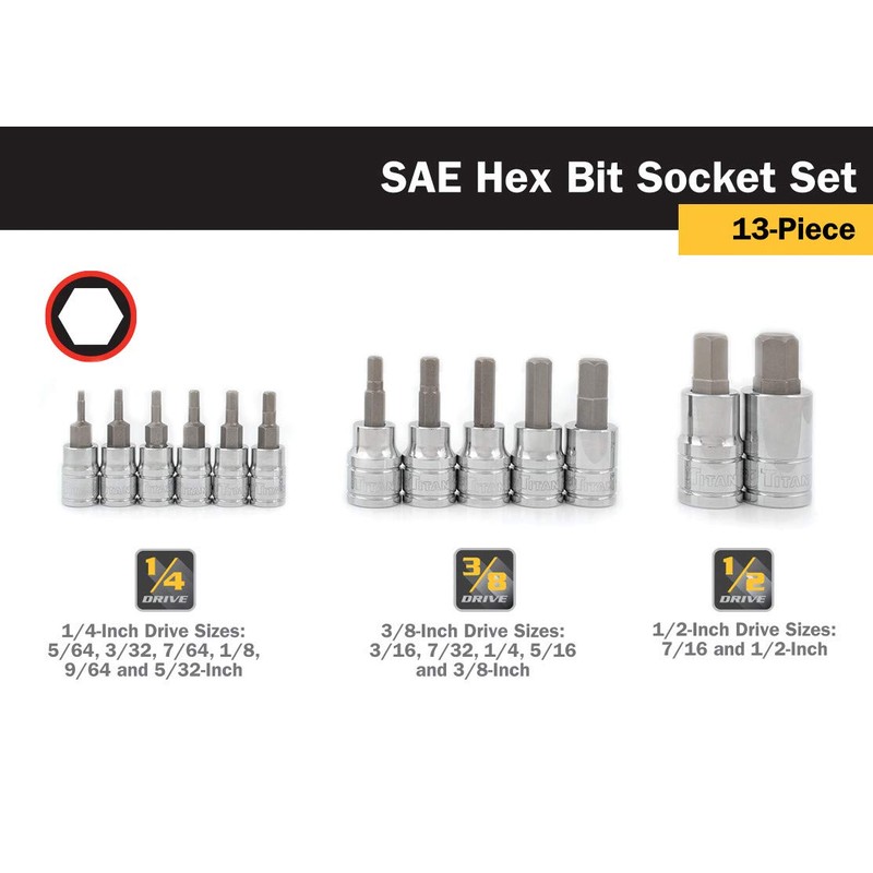 Titan 16123 13-Piece SAE Hex Bit Socket Set