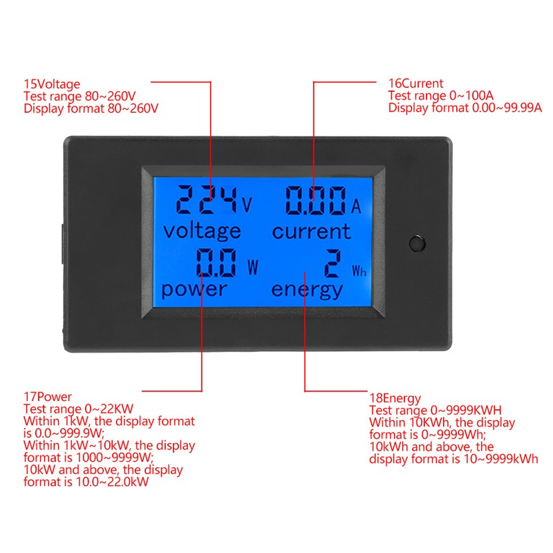 PEACEFAIR PZEM-061 LCD Voltage Current Power Energy Meter Voltmeter Ammeter