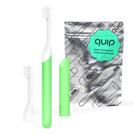 Quip Sonic Toothbrush for Kids with Timer - Includes Extra Brush Head and Travel Cover Mount - Electric, Soft Bristle Refill Head, Rubber Handle, 3 Month Battery Life - Glow in The Dark, Green