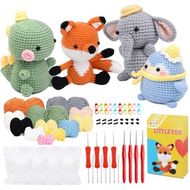 Jmuiiu Animal Crochet Kit,Crochet Starter Kit,Starter Pack 4 Cute Pattern Crochet Kits with Instructions and Video Tutorials,Crochet Starter Kit for Adutls,Penguin, Dinosauria, Fox, Elephant Style