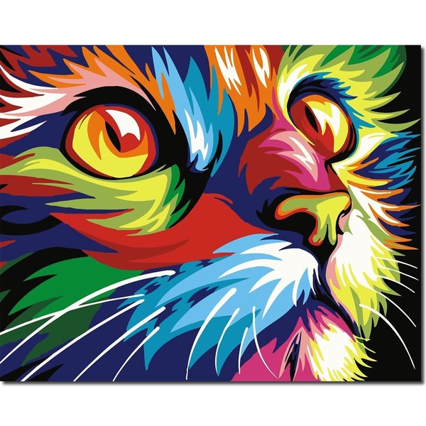 Fuumuui Paint by Numbers Adults and Children Beginners with Brushes and Acrylic Paints 40 x 50 cm – Animals, Colourful Cat