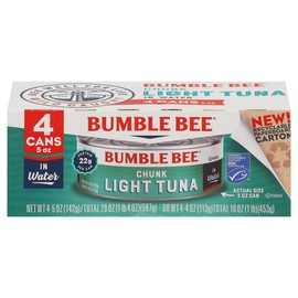 Bumble Bee Chunk Light Tuna In Water, 5 oz Cans (Pack of 4) - Wild Caught Skipjack Tuna - 22g Protein Per Serving - MSC Certified Sustainable Seafood, Non-GMO, Gluten Free, Kosher
