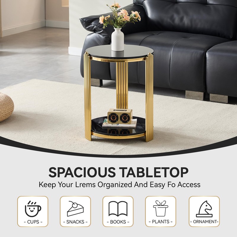 Glass Round End Table with 2-Tier Storage, Black Tempered Glass