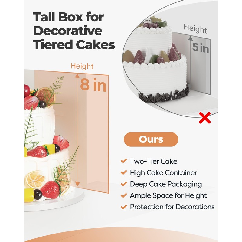 Kootek Cake Box with Board Drum, 8x8x8 Inches Tall Bakery