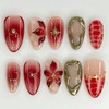 Red Flower Press on Nails Medium Almond Fake Nails with