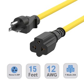 15-Ft Nema 6-20P Extension Cord 20-Amp 250 Volt Nema 6-20 Extension Cable 12AWG, (4 In1) 6-15R, 6-20R, 5-15R, 5-20R Female T Blade 20AMP Heavy Duty Plug Adapter Cable, 250V 20A AC Power Cord