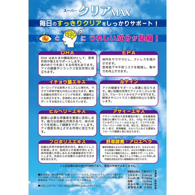 高濃度 イチョウ葉エキス DHA EPA ルテイン アサイーエキス プロポリス ビルベリーエキス 発酵酵素 アロエベラ
