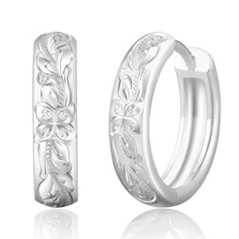 KRKC & CO Hoop Earrings, Hawaiian Jewelry, Men's Earrings, 0.6 inches (15 mm), Wave/Plumeria, Carved, Ring Piac, Binaural/Single Ear, Hypoallergenic, 14K Gold Plated, Silver Earrings, Unisex, Simple,