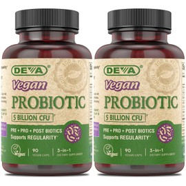 DEVA DEVA Vegan Probiotic, 5 Billion CFU 2-Pack – Dairy-Free FOS Prebiotics, Probiotics & Postbiotics, Digestive Health, Gut Support, 90 Vegan Caps Ea