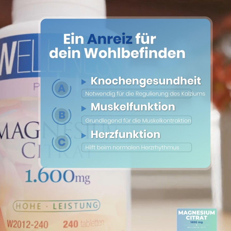 WELLNESS OPTI Magnesium Citrate 1600mg High Absorption - Supplement to