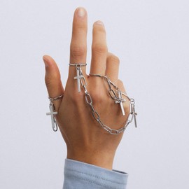 Aimimier 3Pcs Punk Cross Knuckle Ring with Chain Tassel Paperclip Link Chain Finger Ring Gothic Statement Ring Pack for Women Men