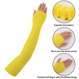 Women Winter Knit Arm Warmer Long Sleeve Fingerless Gloves Warm Women Arm Sleeves with Thumb Hole (Yellow)