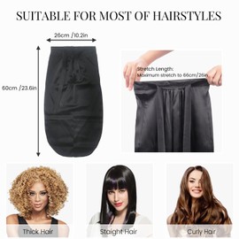 FATEGEART 19 Momme 100% Pure Mulberry Silk Cap for Sleeping Women,Adjustable Long Silk Bonnet for Curly Hair-Night Cap with Elastic (Black)