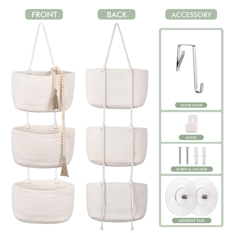 Wall Hanging Rope Baskets 3-Tier Boho Organizers (White & White,