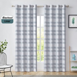 Central Park Plaid Blackout Window Curtain Buffalo Check Geometric Panel 95 Inches Long for Bedroom Living Room Grommet Top Rustic Farmhouse Thermal Insulated Drape, 50"x95"x2, Dusty Blue/White