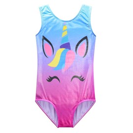 Sylfairy Leotards for Girls Gymnastics Kids Unicorn Sparkly Biketard Rainbow Unitards Ballet Dance Tutu Athletic Leotards Activewear Dancewear Outfits (Blue+Hot Pink,5-6Years)