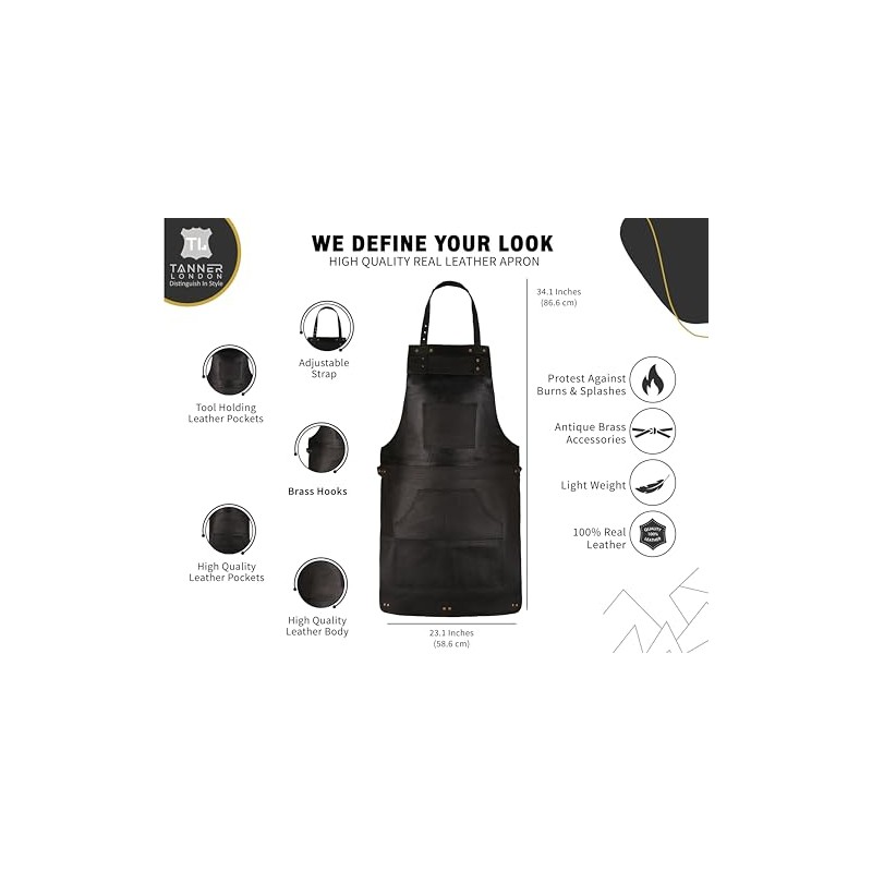 TANNER lONDON Full Grain Leather Apron for Butcher, Barber, Woodwork,