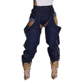 Tbahhir Women's Baggy Ripped Denim Jeans High Waisted Patchwork Boyfriend Wide Leg Distressed Stretchy Pants Y2K Streetwear Navy