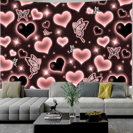 MEETSIOY Cute Black Pink Heart Tapestry Fantasy Pink Butterfly Aesthetic Tapestry Hippie 2000s Y2K Teen Girls Tapestries Wall Hanging for Women Nursery Bedroom Living Room Bedroom College Dorm