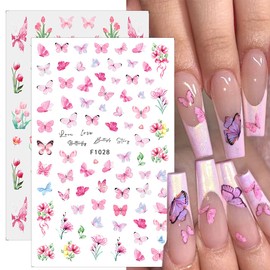 8Sheets Flower Butterfly Nail Stickers Spring Tulip Orchid Flowers Nail Art Stickers 3D Self Adhesive Pink Blue Butterfly Floral Nail Decals Cute Design Acrylic Gel Nail Art Charms for Nail Tips Decor