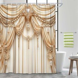 NYMB Luxury Elegant Gold Champagne Shower Curtain, Modern Golden Bridal Shower Curtain Set for Girl Bathroom Decorative, Waterproof Fabric Polyester Home Decor Accessories with Hooks, 70X70Inch