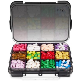 Fullicon Fullicon Daily Travel Moisture Proof Pill Case with 12 Extra Large Compartment, Pill Organizer with 3 Secured Buckles, Large Supplement Box for Vitamin with Removable Dividers (Black)