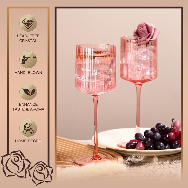 Vintacicle Pink Square Wine Glasses Set of 6, Elegant Ribbed