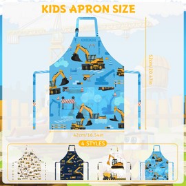 PLULON 4 Pcs Aprons with Pockets Painting Apron for Kids, Kids Apron Adjustable Strap Engineering Vehicles Bulldozer Excavator Truck Apron for Painting Cooking Baking Girls Boys, 3-8 Years