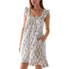 Flygo Nightgowns for Women Ruffle Sleeveless House Dresses Floral Print Sleep Dress Nightdress Sleepwear with Pockets(Lightpurple-S)
