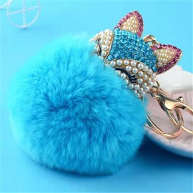 LXSSLY Blue Fox Keychain for Women,Rabbit Fur Ball Pom Pom Crystal Keychain,Diamond Keychain,Rhinestone Car Keychains for Women