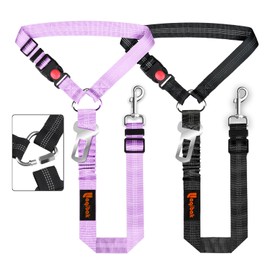 Removable Dog Seat Belt Harness for Car, 3 in 1 Pet Dog Car Seatbelt Leash, Retractable Restraint Secures to Vehicle Headrest & Adjustable Reflective Bungee Dog Seatbelt Tether, Purple and Black
