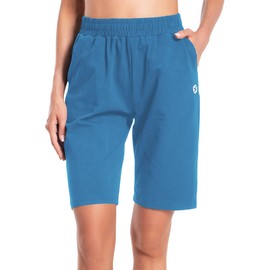 S Spowind Bermudas para mujer, pantalones cortos largos de algodón con bolsillos, para descanso, entrenamiento, gimnasio, longitud a la rodilla, Azul (Copen Blue), XS