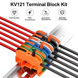KV121 Terminal Block Kit, 600V 32A 24-12 AWG Compact Lever Wire Connectors, 12.6” DIN Rail Included, Quick Wiring Connection, DIN Rail Terminal Blocks Kit