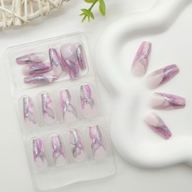 Coffin Press on Nails Medium Fake Nails Purple & Grey Smudge Acrylic Nails White Translucent Nails Press ons Silver Glitter Glue on Nails Glossy & Spring Stick on Nails for Women 24Pcs