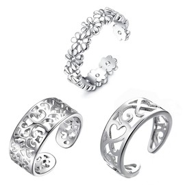 EIYVPRA Toe Ring 925 Silver Women's Rings Set Finger Ring Fashion Joint Ring for Women Girls Hypoallergenic Open Heart Toe Rings Tail Finger Flower Rings Beach Foot Ring Jewellery, Alumid