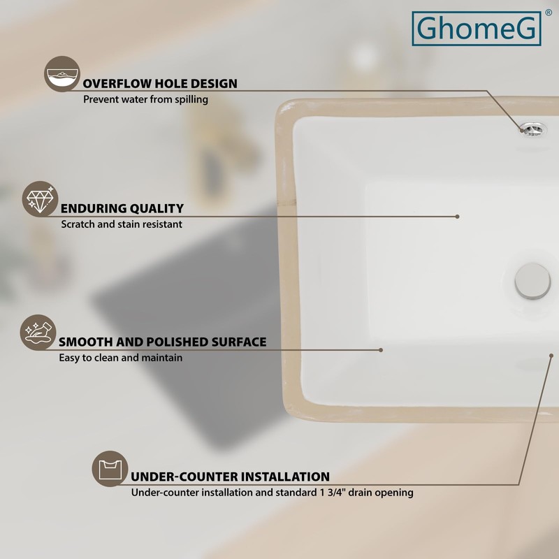GhomeG 21 Inch Undermount Bathroom Sink Rectangular - 21"x13" White